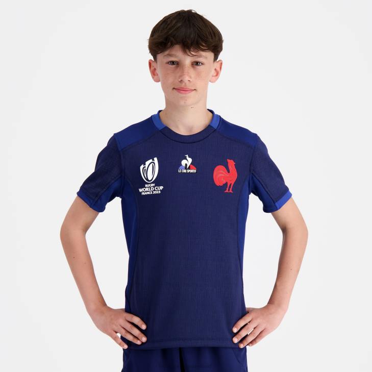 kleding LDBJ694 kinderen Le Coq Sportif replica jersey xv de france - rugby wereldbeker 2023 blauw
